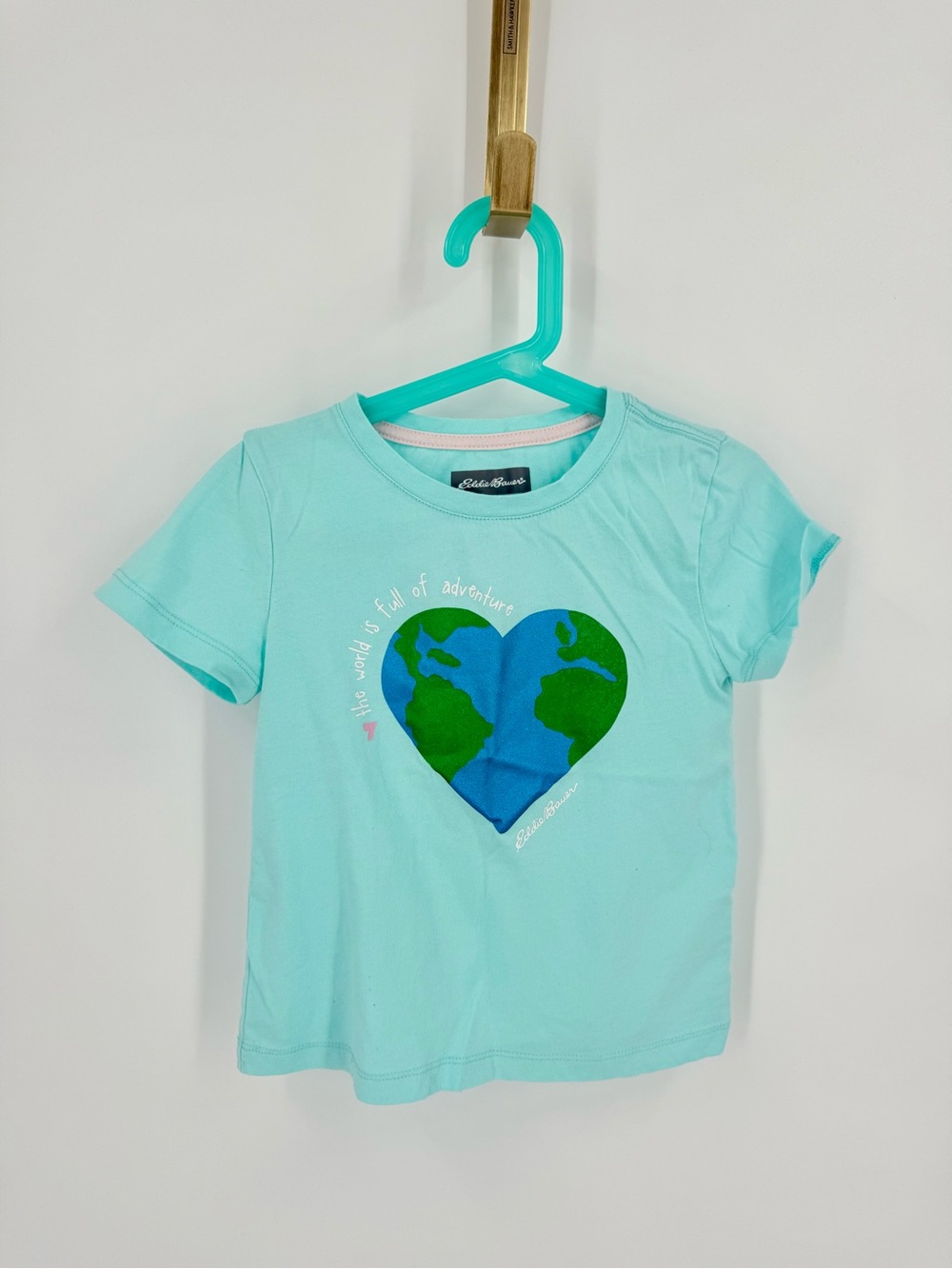 Eddie Bauer Aqua Tee with Blue & Green Heart Earth Graphic